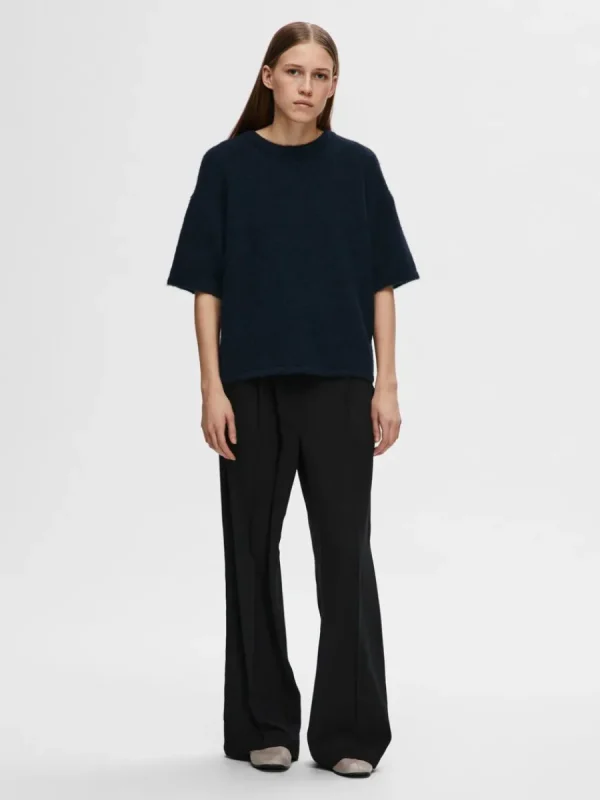 SELECTED KORTÄRMAD STICKAD TOPP Blue Fashion
