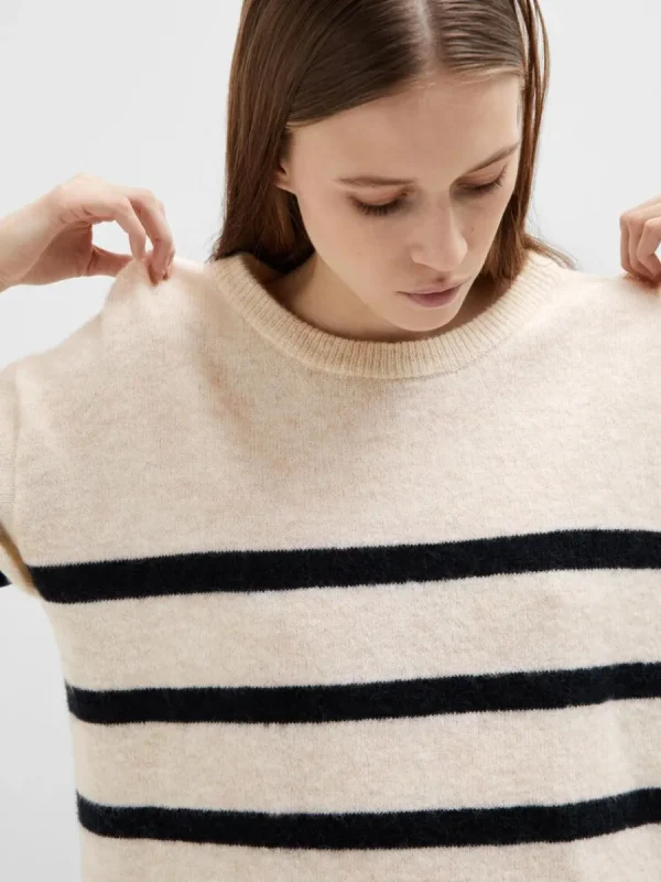 SELECTED KORTÄRMAD STICKAD TOPP Beige Clearance