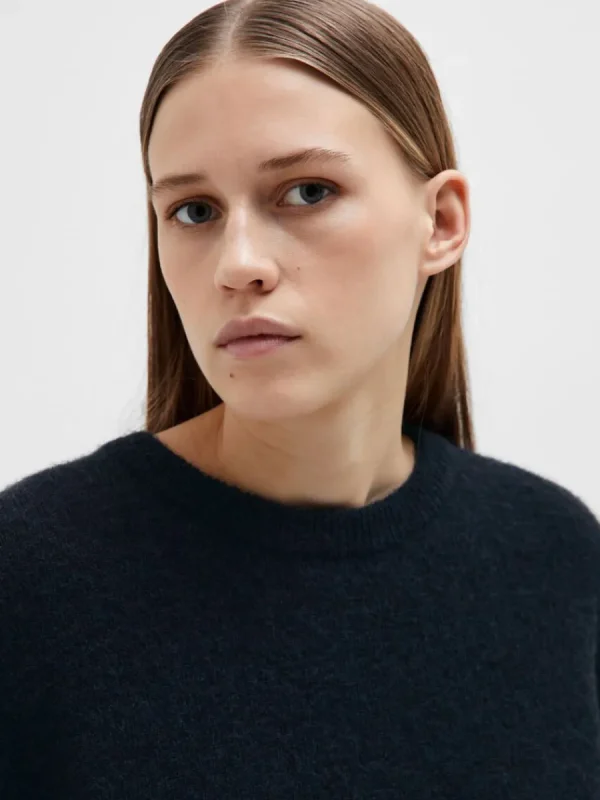 SELECTED KORTÄRMAD STICKAD TOPP Blue Fashion