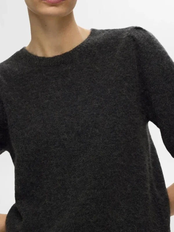 SELECTED KORTÄRMAD STICKAD TOPP Grey New