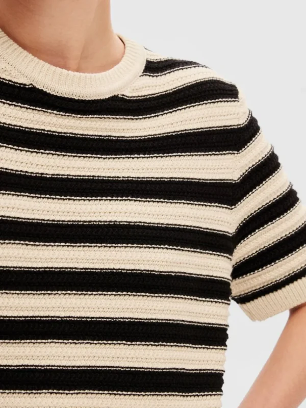SELECTED KORTÄRMAD STICKAD TOPP Beige Cheap