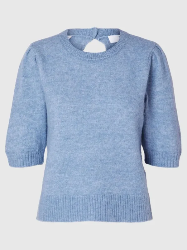 SELECTED KORTÄRMAD STICKAD TOPP Blue Sale