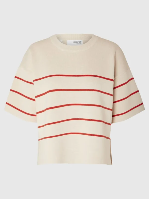SELECTED KORTÄRMAD STICKAD TOPP Beige Best