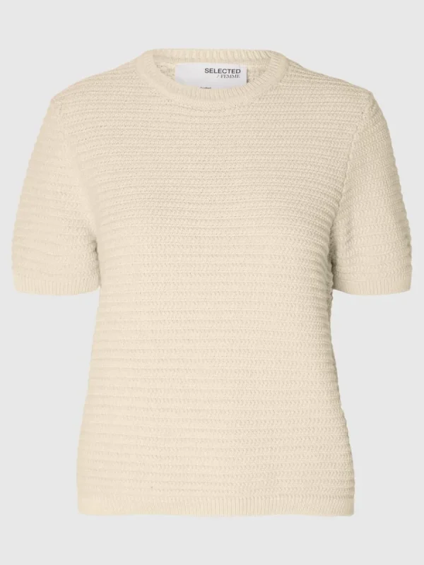 SELECTED KORTÄRMAD STICKAD TOPP Beige Hot