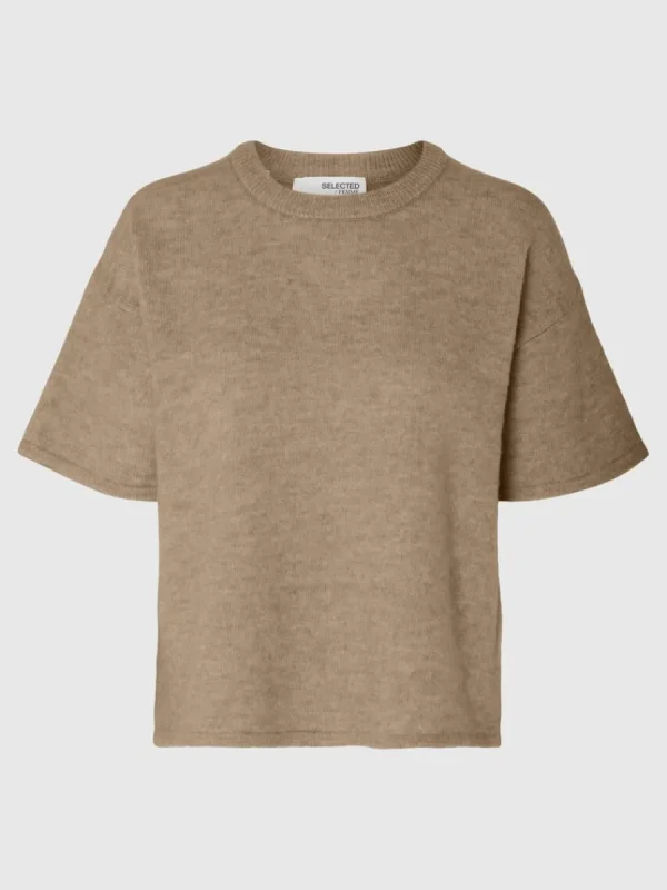 SELECTED KORTÄRMAD STICKAD TOPP Brown Hot