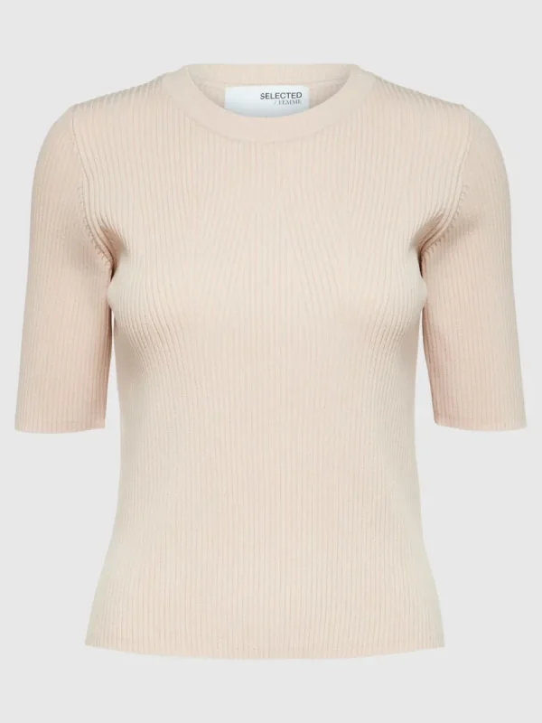 SELECTED KORTÄRMAD STICKAD TOPP Beige Fashion