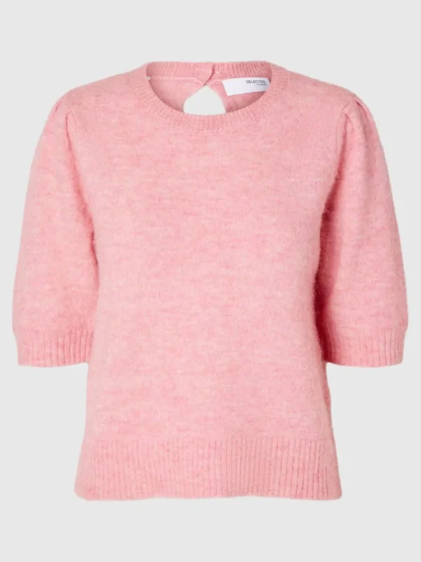 SELECTED KORTÄRMAD STICKAD TOPP Pink Fashion