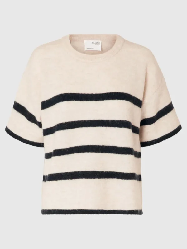 SELECTED KORTÄRMAD STICKAD TOPP Beige Clearance