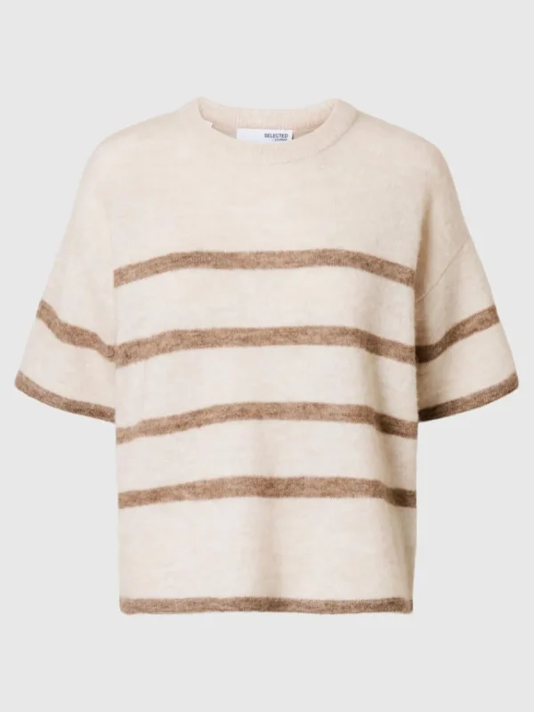 SELECTED KORTÄRMAD STICKAD TOPP Beige Store