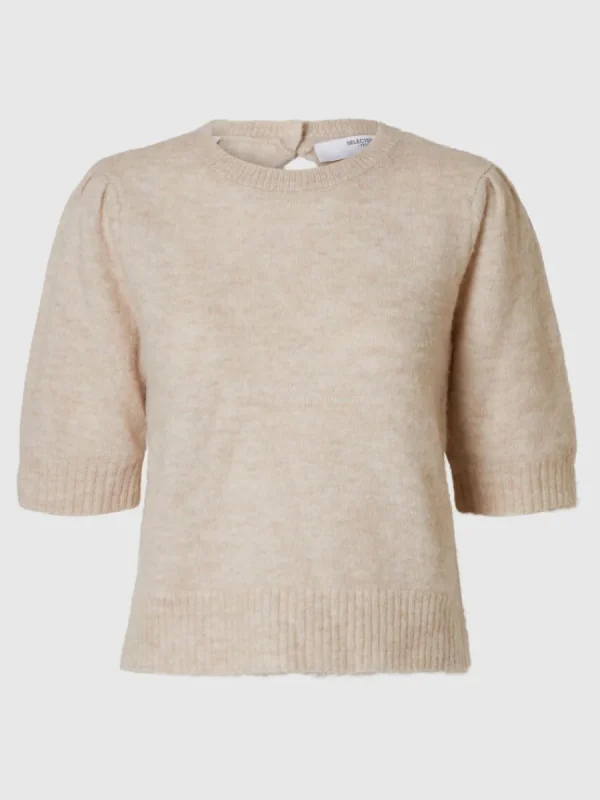 SELECTED KORTÄRMAD STICKAD TOPP Beige Hot
