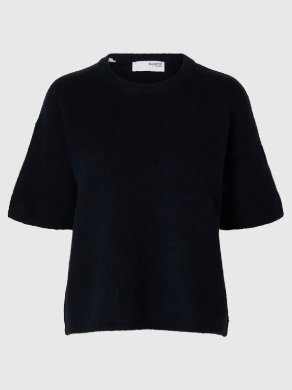 SELECTED KORTÄRMAD STICKAD TOPP Blue Fashion