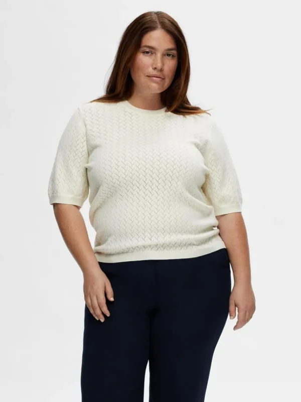 SELECTED KORTÄRMAD STICKAD TOPP Beige Clearance
