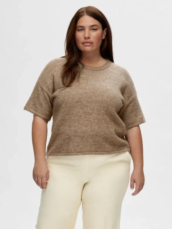 SELECTED KORTÄRMAD STICKAD TOPP Brown Hot