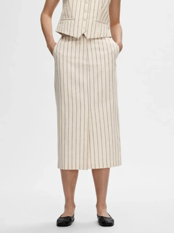 SELECTED KRITSTRECKSRANDIG MIDIKJOL Beige Flash Sale