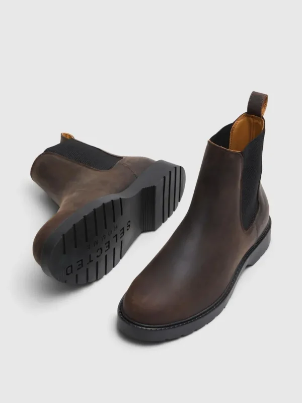 SELECTED LÄDERSYDD CHELSEA-STÖVLAR Brown Flash Sale