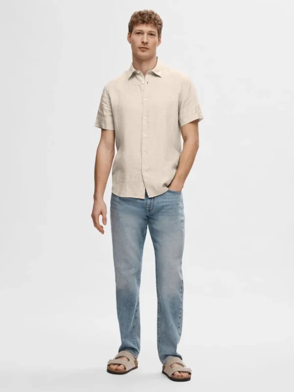 SELECTED 100% LINNE KORTÄRMAD SKJORTA Beige Flash Sale