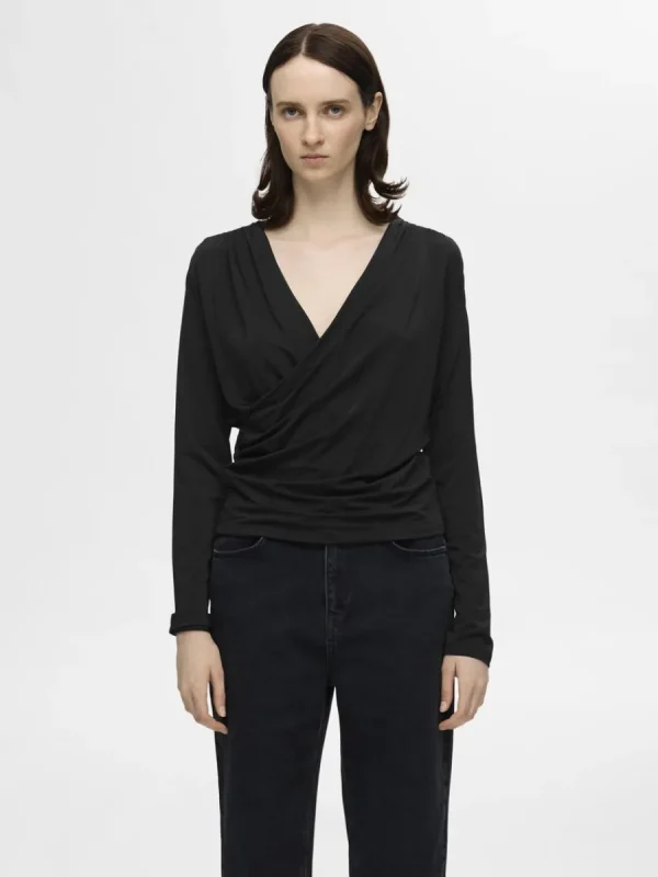 SELECTED LÅNGA ÄRMAR OMLOTTOPP Black Cheap