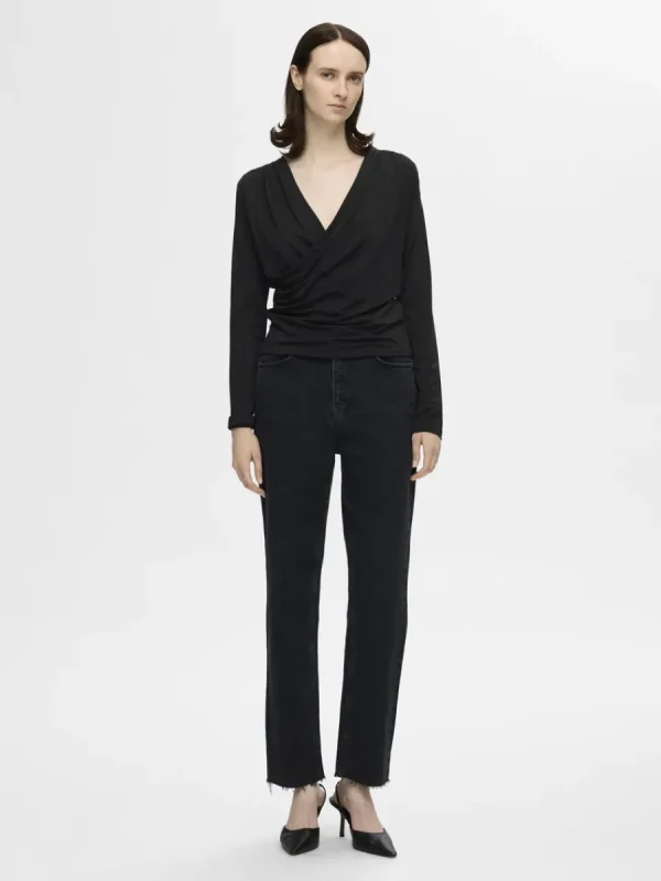 SELECTED LÅNGA ÄRMAR OMLOTTOPP Black Cheap