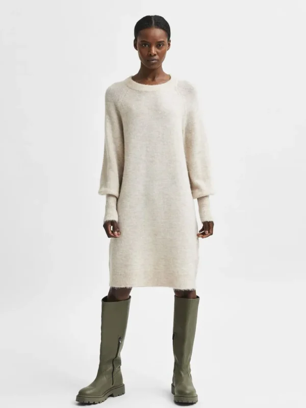 SELECTED LÅNGA ÄRMAR STICKAD KLÄNNING Beige Best Sale