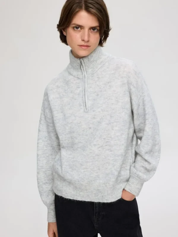 SELECTED LÅNGA ÄRMAR TRÖJA MED HALVLÅNGT BLIXTLÅS Grey Clearance