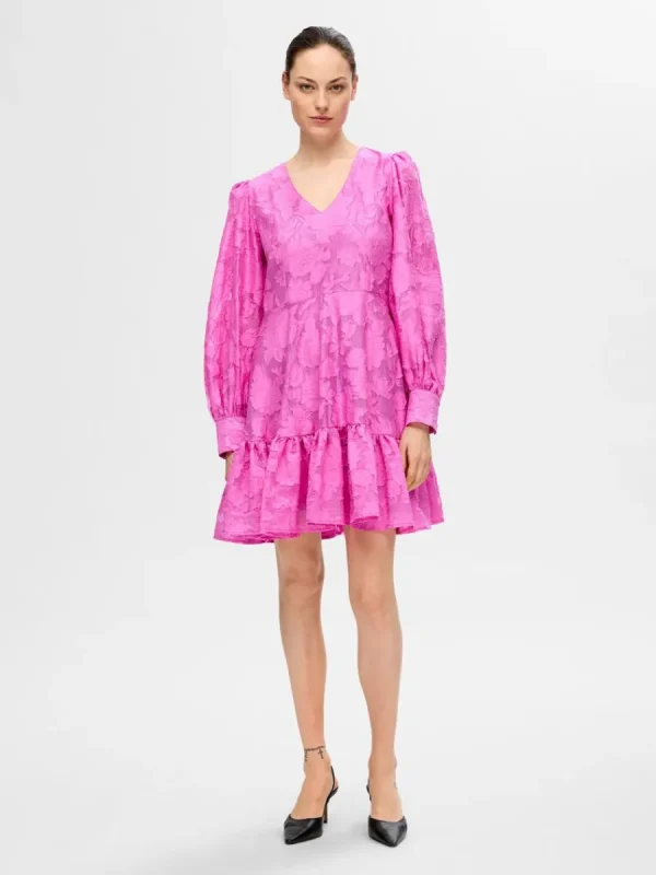 SELECTED LÅNGÄRMAD BLOMMIG KORT KLÄNNING Pink Cheap