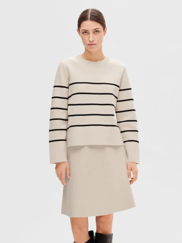 SELECTED LÅNGÄRMAD BOMULL STICKAD TRÖJA Beige Best