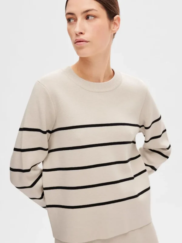 SELECTED LÅNGÄRMAD BOMULL STICKAD TRÖJA Beige Best
