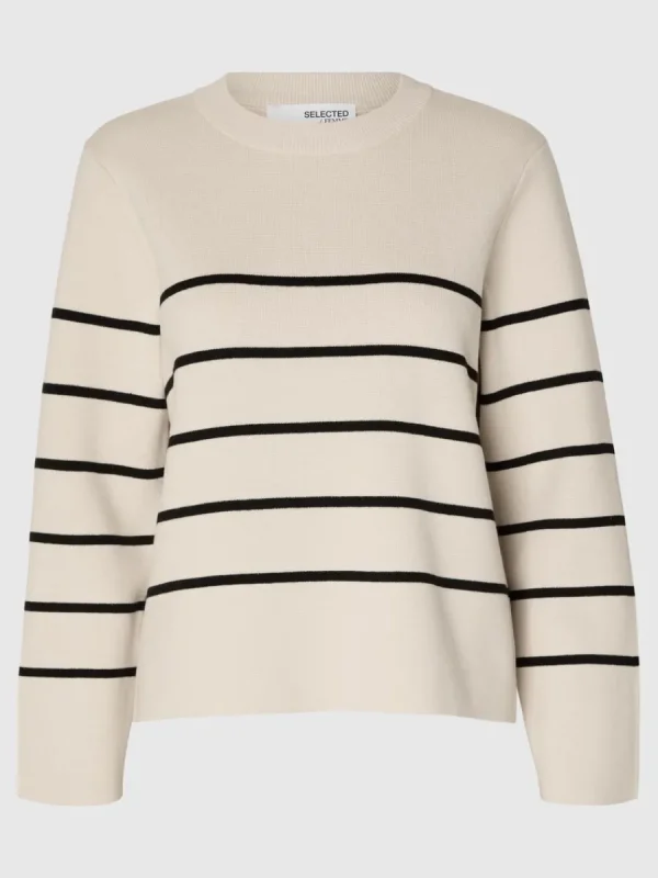 SELECTED LÅNGÄRMAD BOMULL STICKAD TRÖJA Beige Best