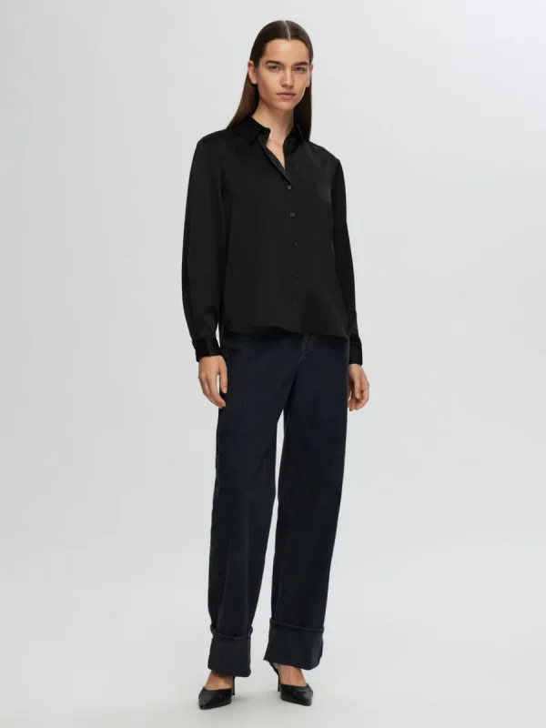 SELECTED LÅNGÄRMAD SATINSKJORTA Black Clearance
