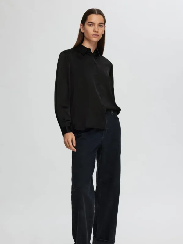 SELECTED LÅNGÄRMAD SATINSKJORTA Black Clearance