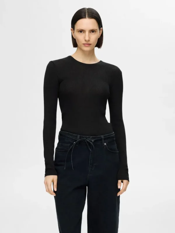 SELECTED LÅNGÄRMAD STICKAD TOPP Black Best Sale