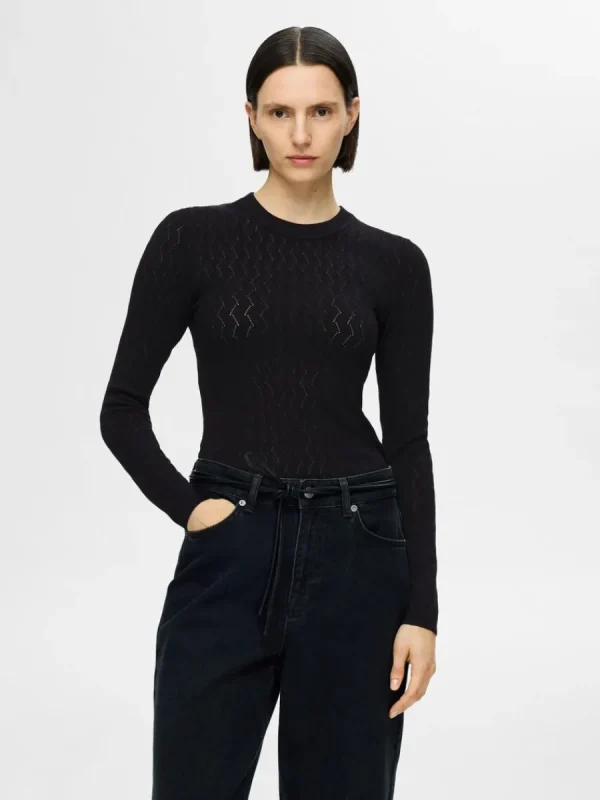 SELECTED LÅNGÄRMAD STICKAD TOPP Black Online