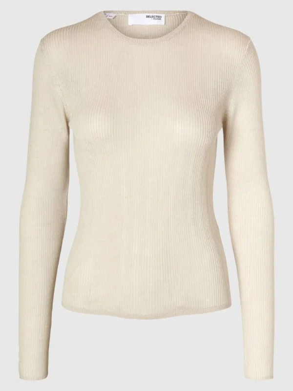SELECTED LÅNGÄRMAD STICKAD TOPP Beige Sale
