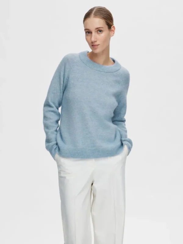 SELECTED LÅNGÄRMAD STICKAD TRÖJA Blue Discount