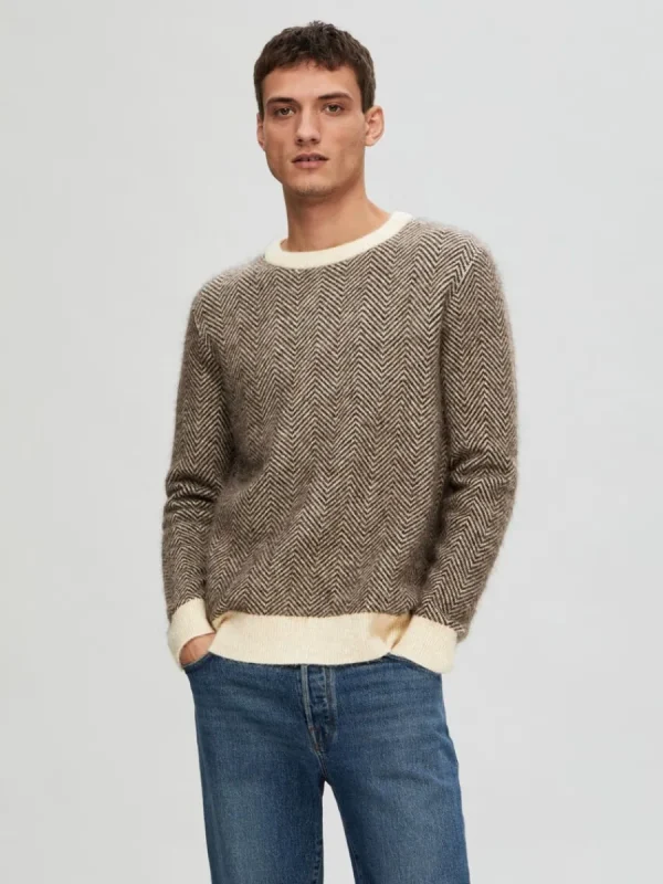 SELECTED LÅNGÄRMAD STICKAD TRÖJA Brown Store