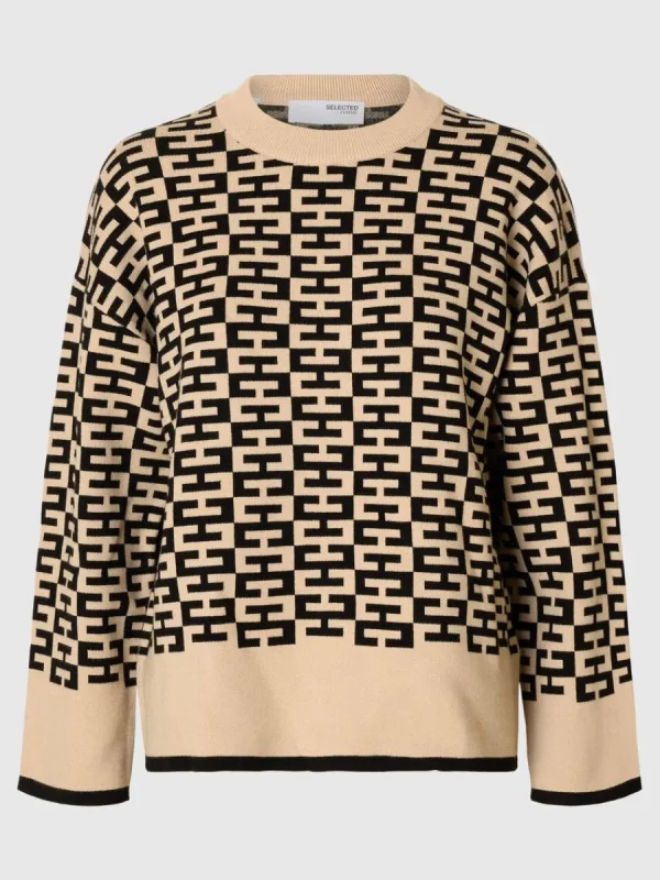 SELECTED LÅNGÄRMAD STICKAD TRÖJA Brown Shop
