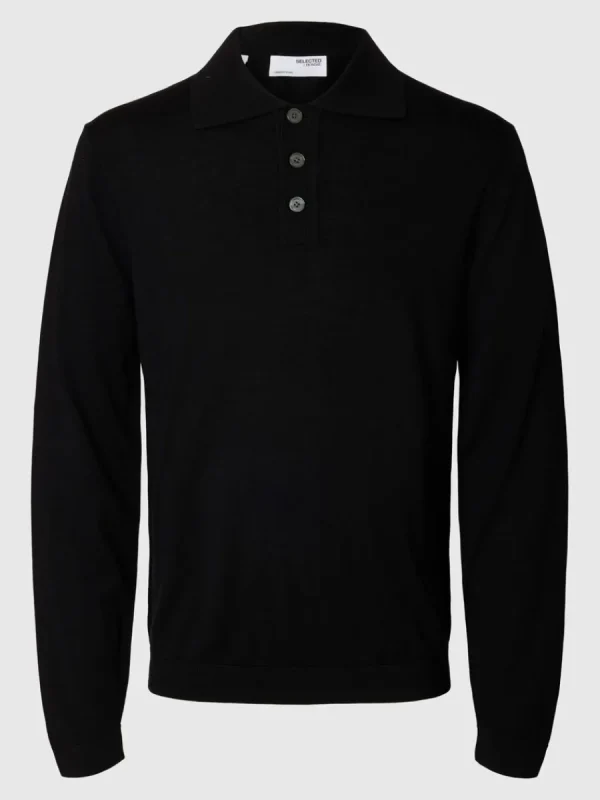 SELECTED 100% MERINOULL STICKAD PIKÉTRÖJA Black Best Sale