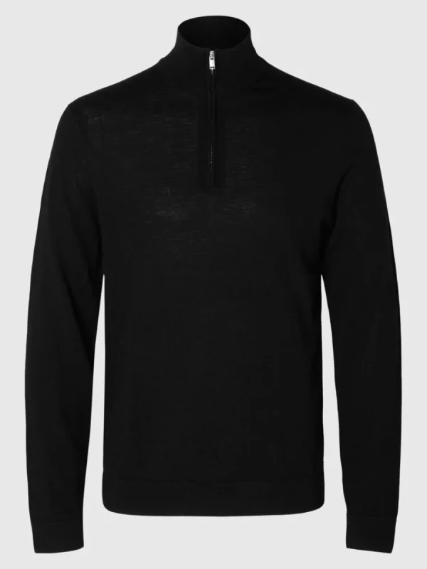 SELECTED 100% MERINOULL TRÖJA MED HALVLÅNGT BLIXTLÅS Black Flash Sale