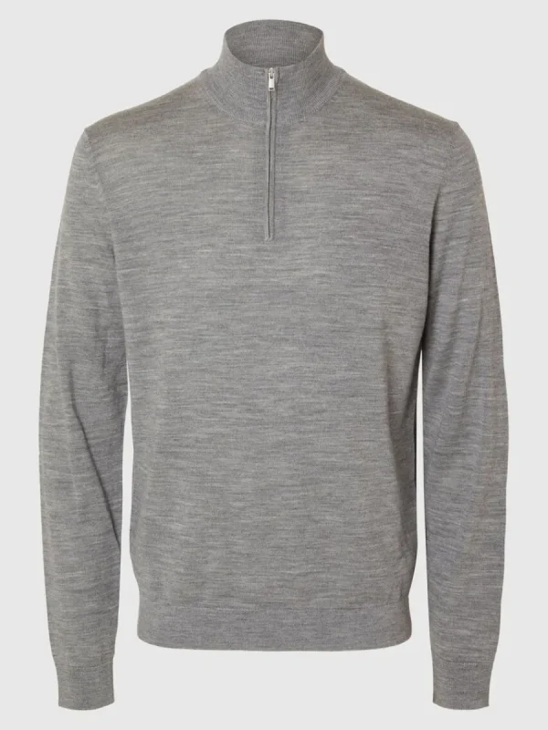 SELECTED 100% MERINOULL TRÖJA MED HALVLÅNGT BLIXTLÅS Grey Sale