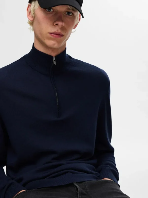 SELECTED 100% MERINOULL TRÖJA MED HALVLÅNGT BLIXTLÅS Blue Best Sale