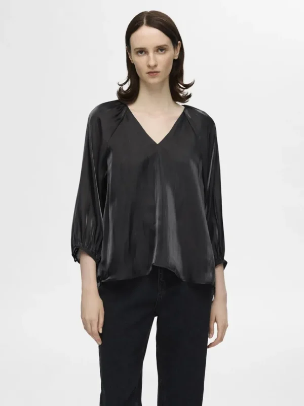 SELECTED METALLIC V-RINGAD BLUS Black Fashion