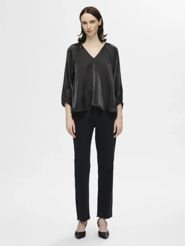 SELECTED METALLIC V-RINGAD BLUS Black Fashion