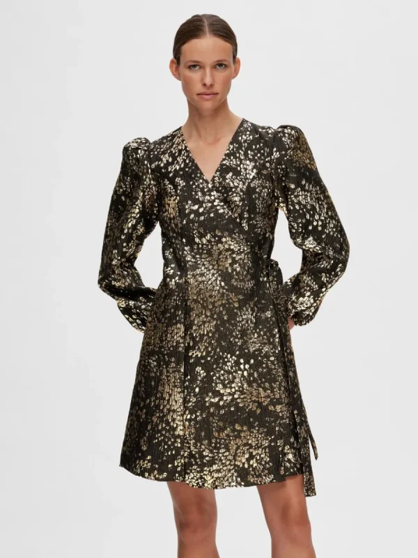 SELECTED METALLISK JACQUARD KORT KLÄNNING Gold Fashion