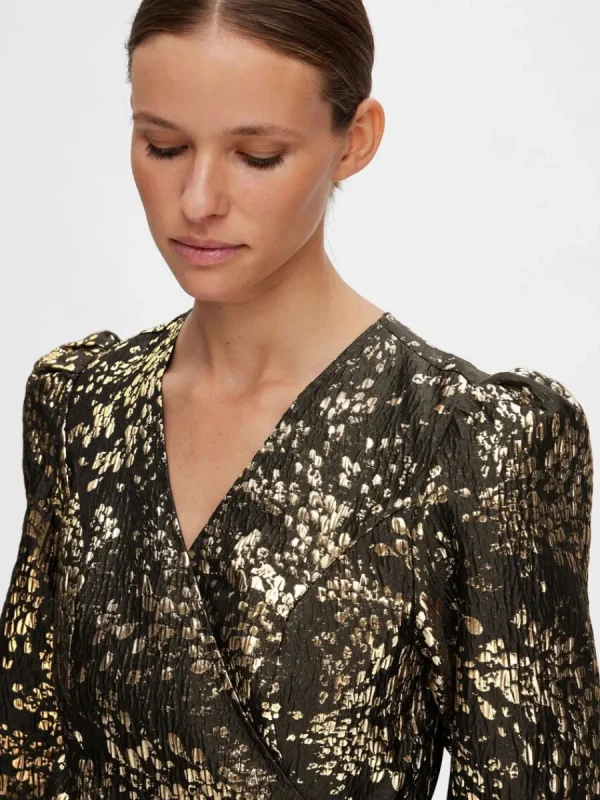 SELECTED METALLISK JACQUARD KORT KLÄNNING Gold Fashion