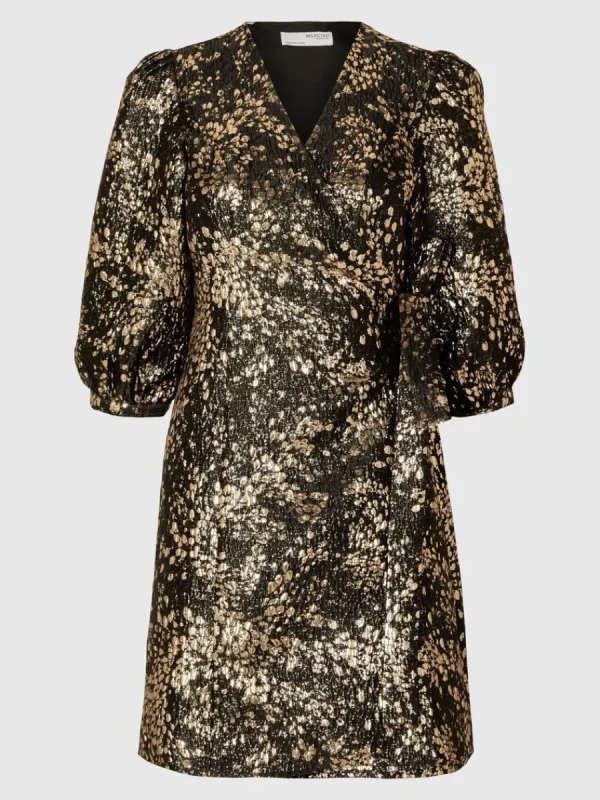 SELECTED METALLISK JACQUARD KORT KLÄNNING Gold Fashion