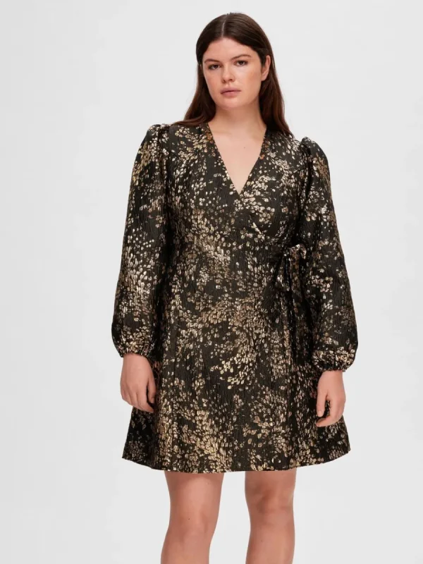 SELECTED METALLISK JACQUARD KORT KLÄNNING Gold Fashion