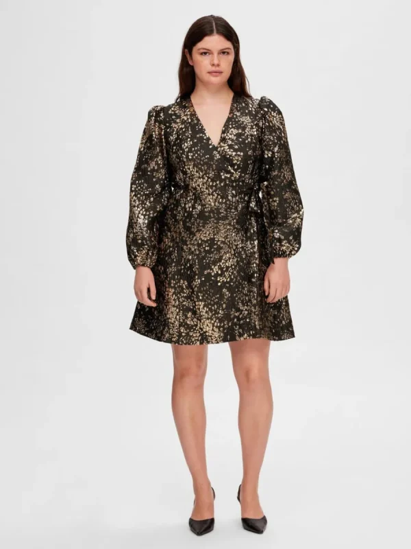 SELECTED METALLISK JACQUARD KORT KLÄNNING Gold Fashion