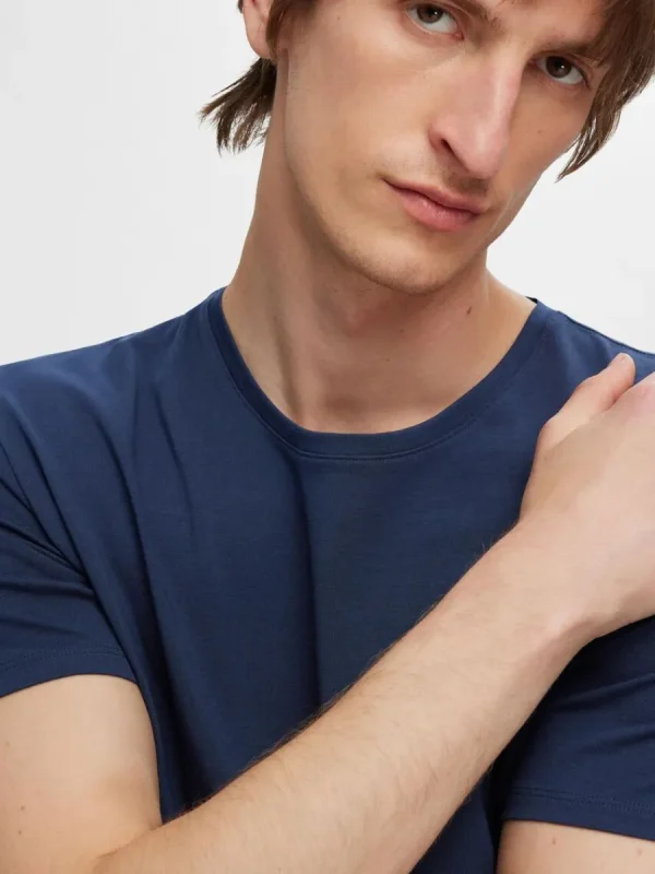 SELECTED 3-PACK BOMULL T-SHIRT Blue Discount