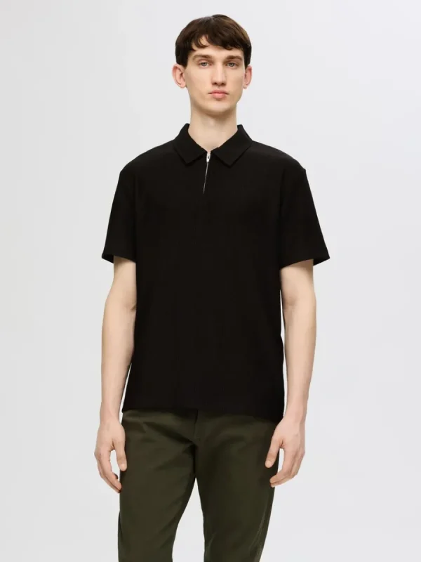 SELECTED PLISSÉ OCH HALVLÅNGT BLIXTLÅS PIKÉTRÖJA Black Cheap