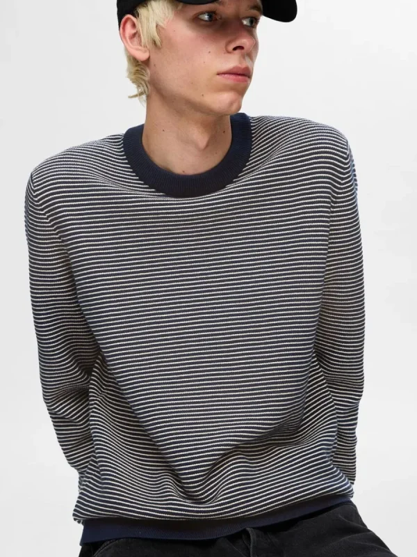 SELECTED RANDIG RUNDRINGAD STICKAD TRÖJA Blue Clearance